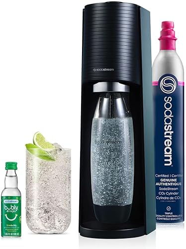 SodaStream Terra - Máquina de agua con gas (negro) con CO2, botella DWS y gota Bubly, funciona con pilas