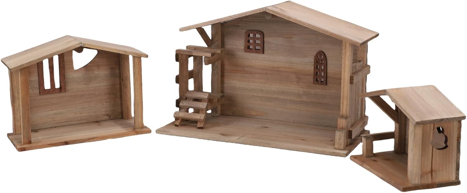 Yctze Rustic Xmas Wooden Stable Decor - Stackable Solid Wood House Ornament for Holiday Tabletop & Fireplace Display