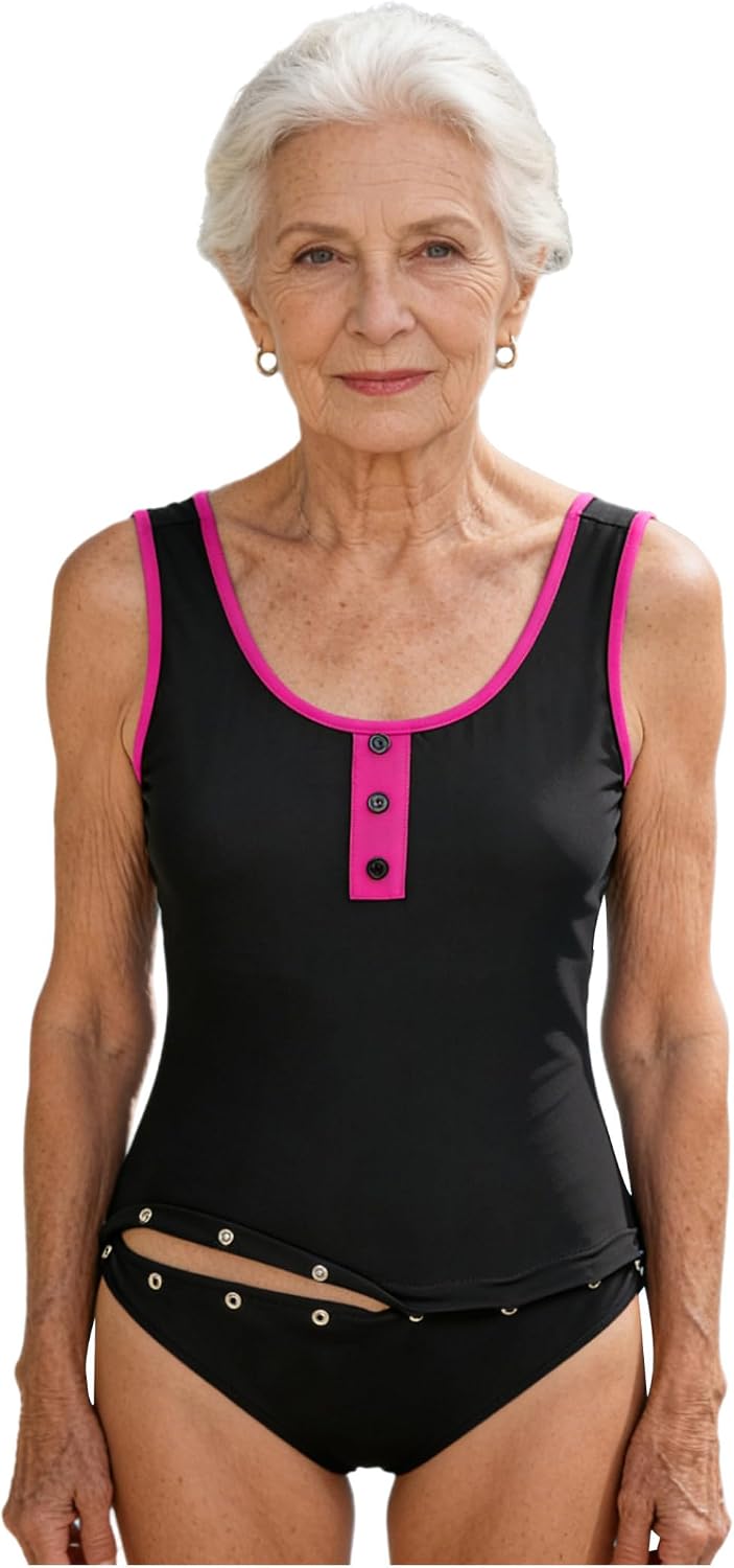 Adaptive Swimwear for Women Round Neck High Cut Swimsuits Sleeveless Low Back Elderly Disability Bathing Suit