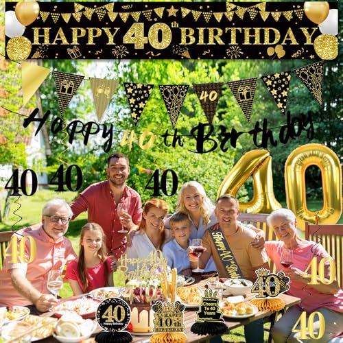 Image of 40th Birthday Decorations for Men, Black Gold 40th Party Decoration Kits | 27pcs Happy 40th Birthday Set, Banner, Honeycomb, Balloons, Gold Number, Candle, Hanging Swirls, Cake Topper, Party Supplies