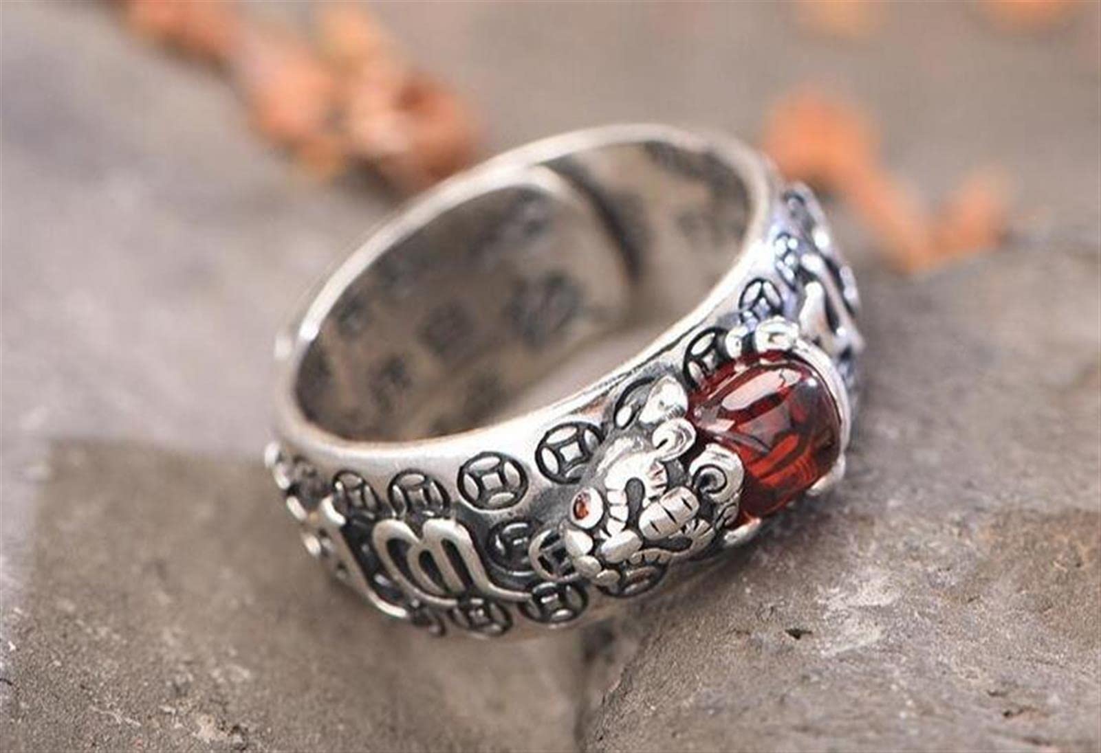Feng Shui Pixiu Mantra Ring 99 Silver Buddhist Good Luck Amulet Mantra Double Protection Wealth Love Health Ring Gift for Men Women