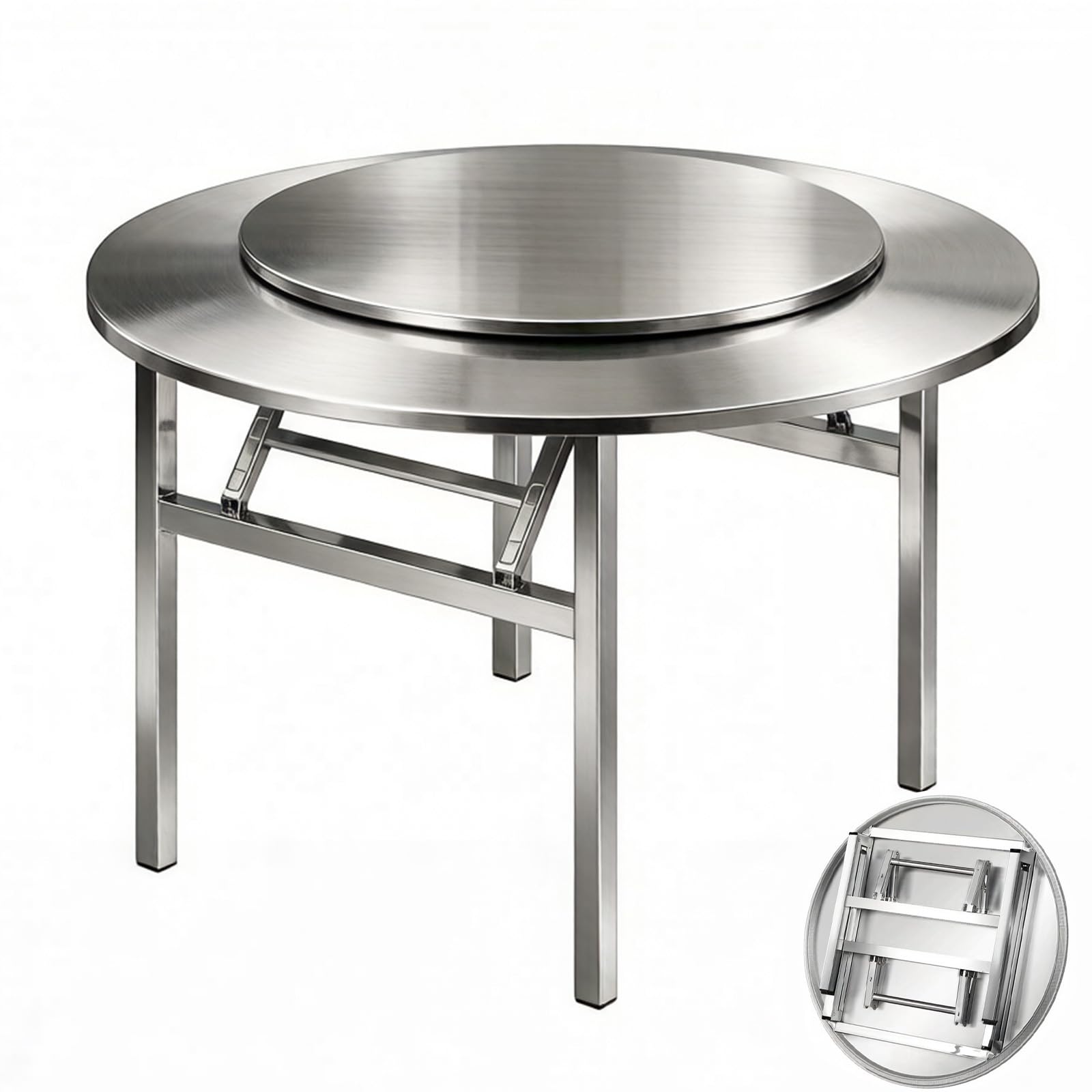Mesa de Comedor Redonda Plegable de Acero Inoxidable 304 con Bandeja giratoria de 360°, Mesa portátil para Uso Comercial/Exterior, Mesa de Cocina de Metal para Sala de Estar, Restaurante, re