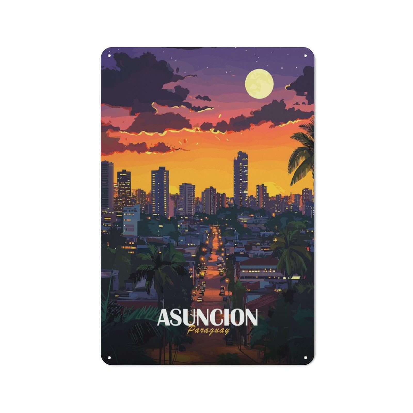 Junmoney Style-16 For Café Or Home Bar, Asuncion, Paraguay Cityscape At Night Retro Metal Plaque 30X20cm, A Winter Wall Decor Update For Café-Style Decor Fans