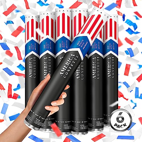 16' America Confetti Cannons | Red White & Blue Confetti Poppers [6 Pack] Biodegradable Paper, Party Poppers for Independence Day/July 4th, Patriotic Events, Conventions or Decorations, Loud Pop
