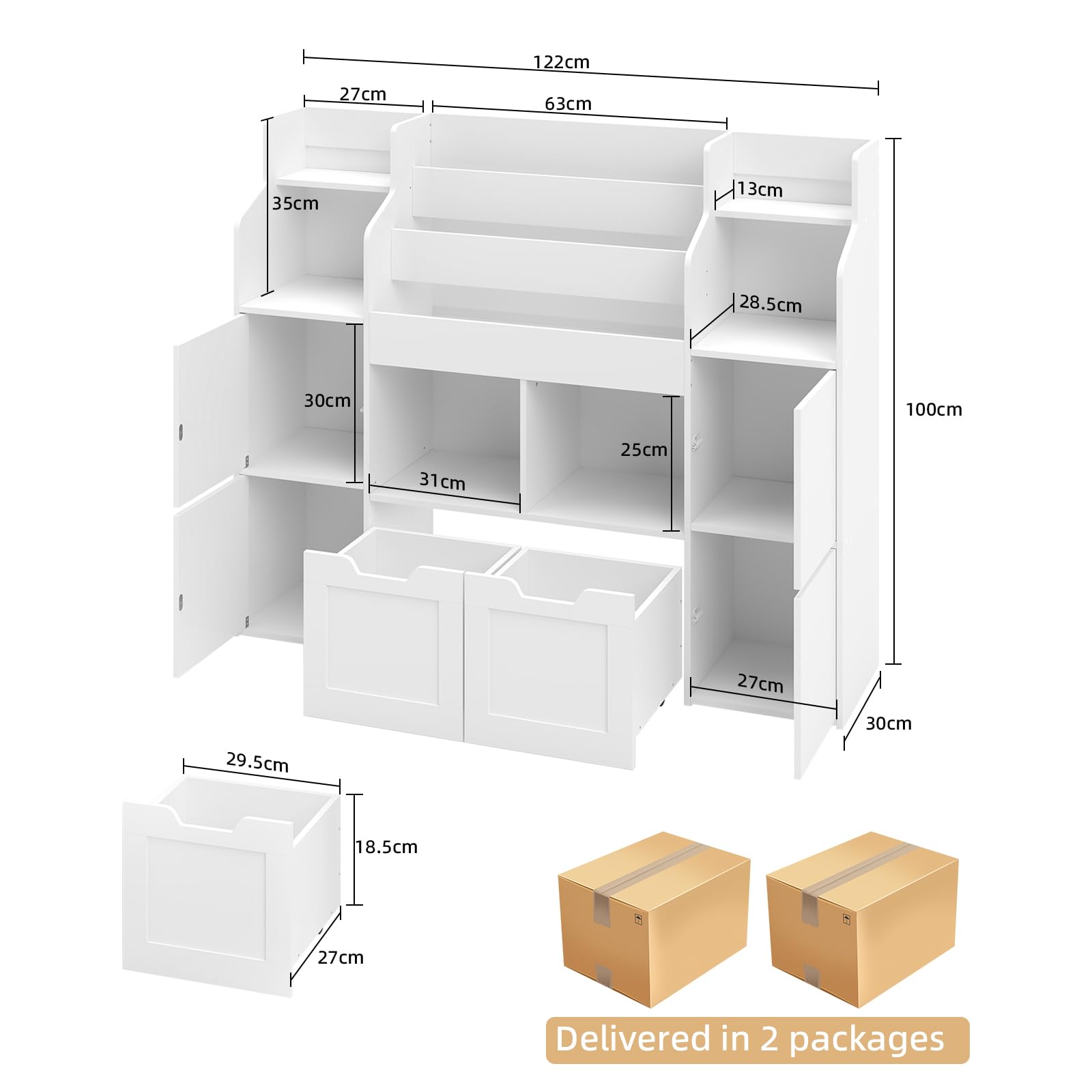 Mobile Porta Giochi, Libreria Montessoriana per Bambini a 6 Scomparti Aperti e 4 Ante, Mobile Giochi a 2 Cassetti su Ruote, per Cameretta e Stanza dei Giochi, 122x30x100cm Bianco