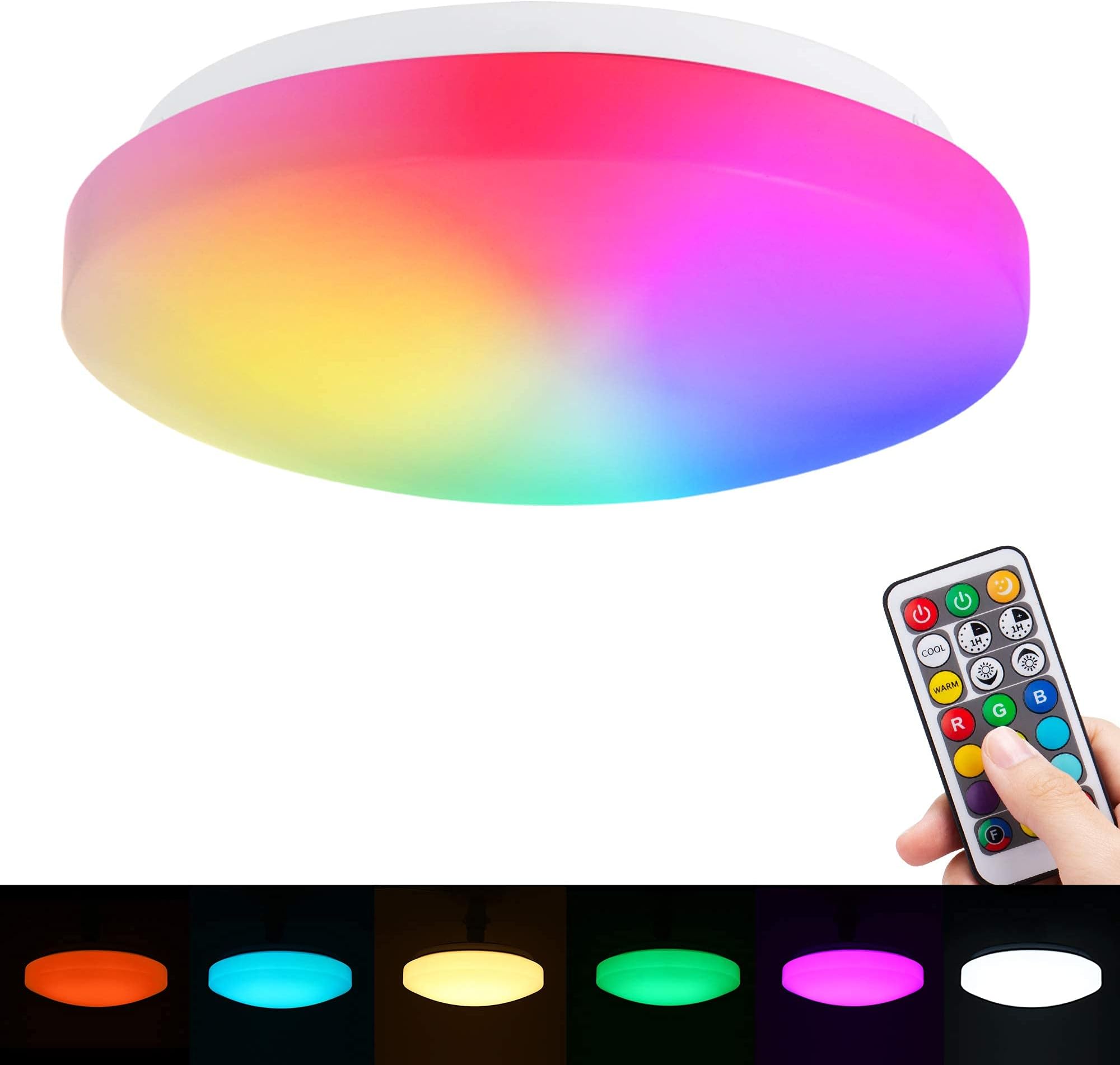 LED Ceiling Lights Colour Changing Dimmable, Techgomade 15W Colour Changing Light Ceiling with Remote Control, RGB+Cool+Warm White, IP44 Waterproof, Memory Function Indoor Ceiling Lighting for Bedroom [Energy Class F]