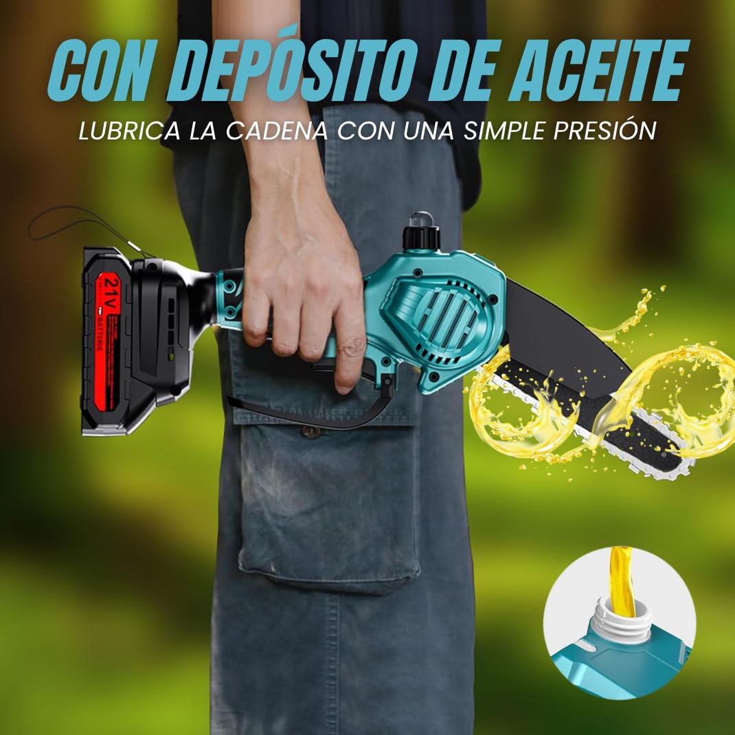 Kit de Poda a Bateria Profesional | Motosierra Lubricada con Depósito de Aceite + Tijeras de Podar Electricas 40 mm | Pertiga Telescopica hasta 4,5 m y Mango de Agarre | Incluye 2 Baterias