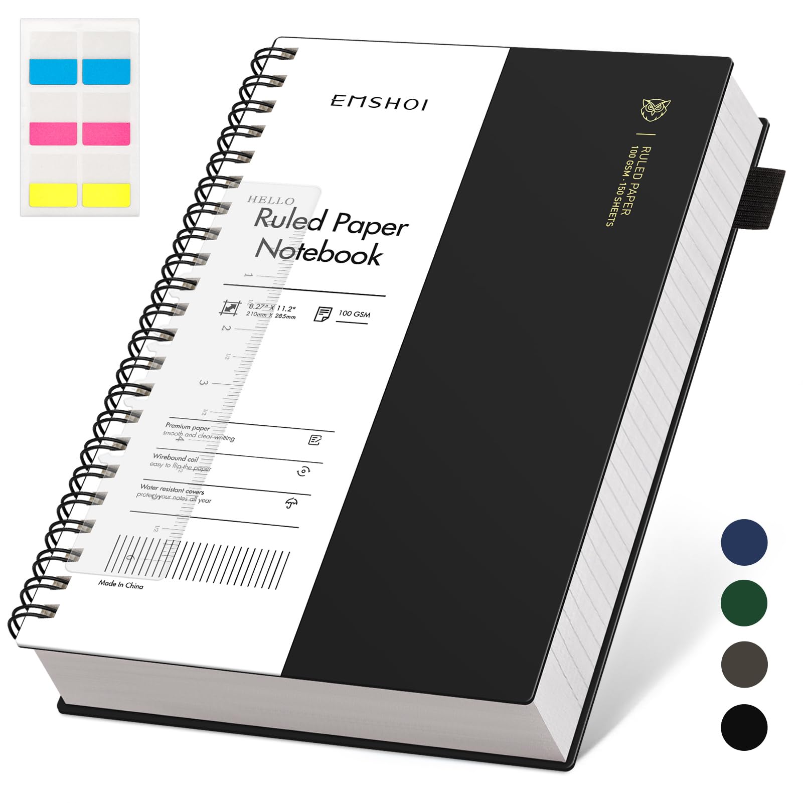 EMSHOI A4 Spiral Notebook Lined Journal, 11.2" X 8.27", 300 Pages/150 Sheets, 100gsm Thick Paper, Waterproof Softcover, Twin-Wire Binding, for School Work Writing Note Taking-Black