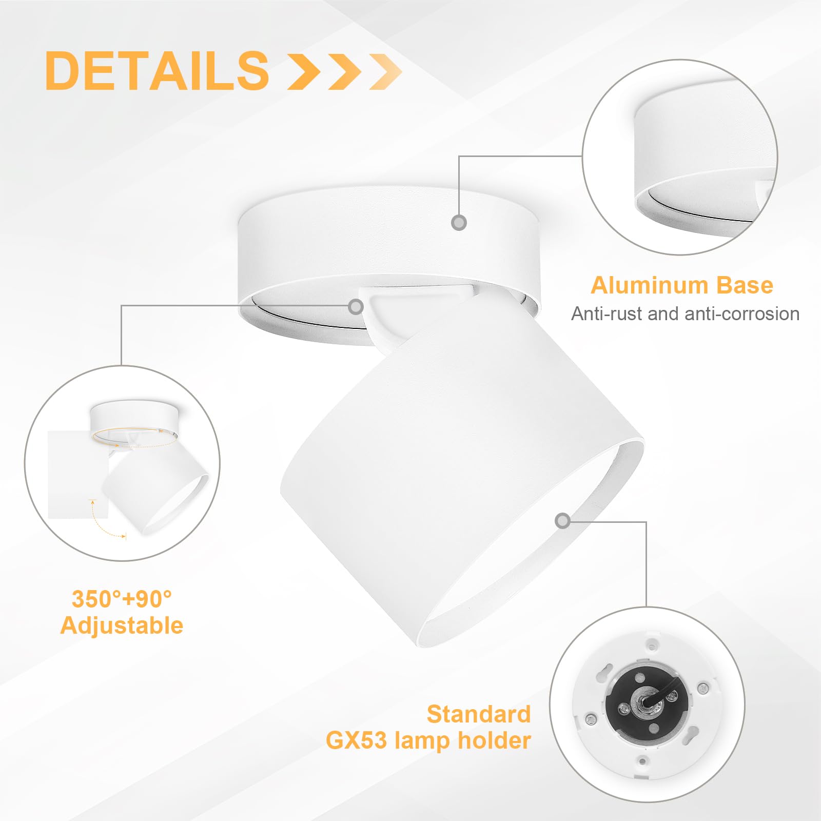 GeyouLux Faretto da soffitto LED Orientabili, 7W 800LM Faretti LED Soffitto Interno 350°+90°, Alluminio, Lampadina LED GX53 Incluso, 3000K/4500K/6500K Faretto LED Interno Bianco 1 Pezzo