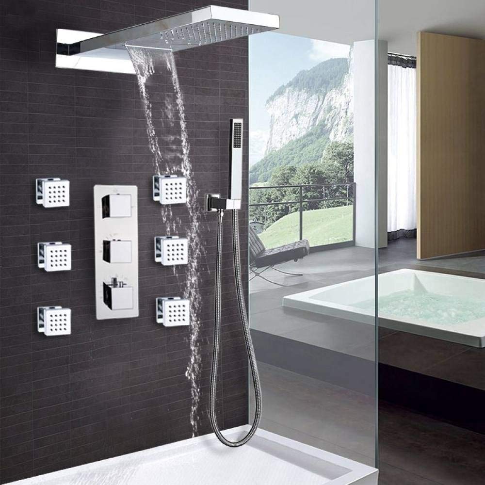 OZBMA Wall Mount Thermostatic Bathroom Rain Waterfall Shower Faucets Chrome Set with Bathtub Mixer Faucet Tap Octopus Feet Design (Black)
