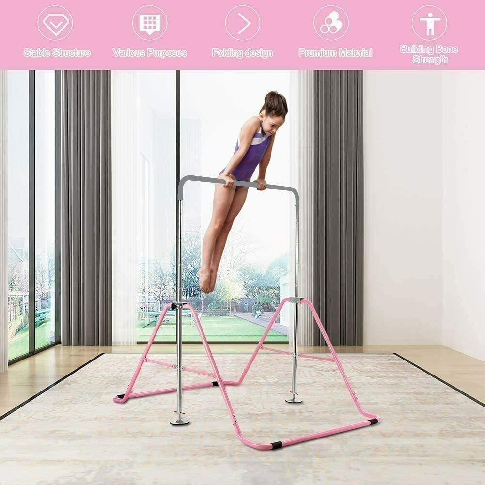 Barre De Gymnastique Enfant Réglable - Fitness Maison - Portative Et Pliable - Rose - Support 100kg