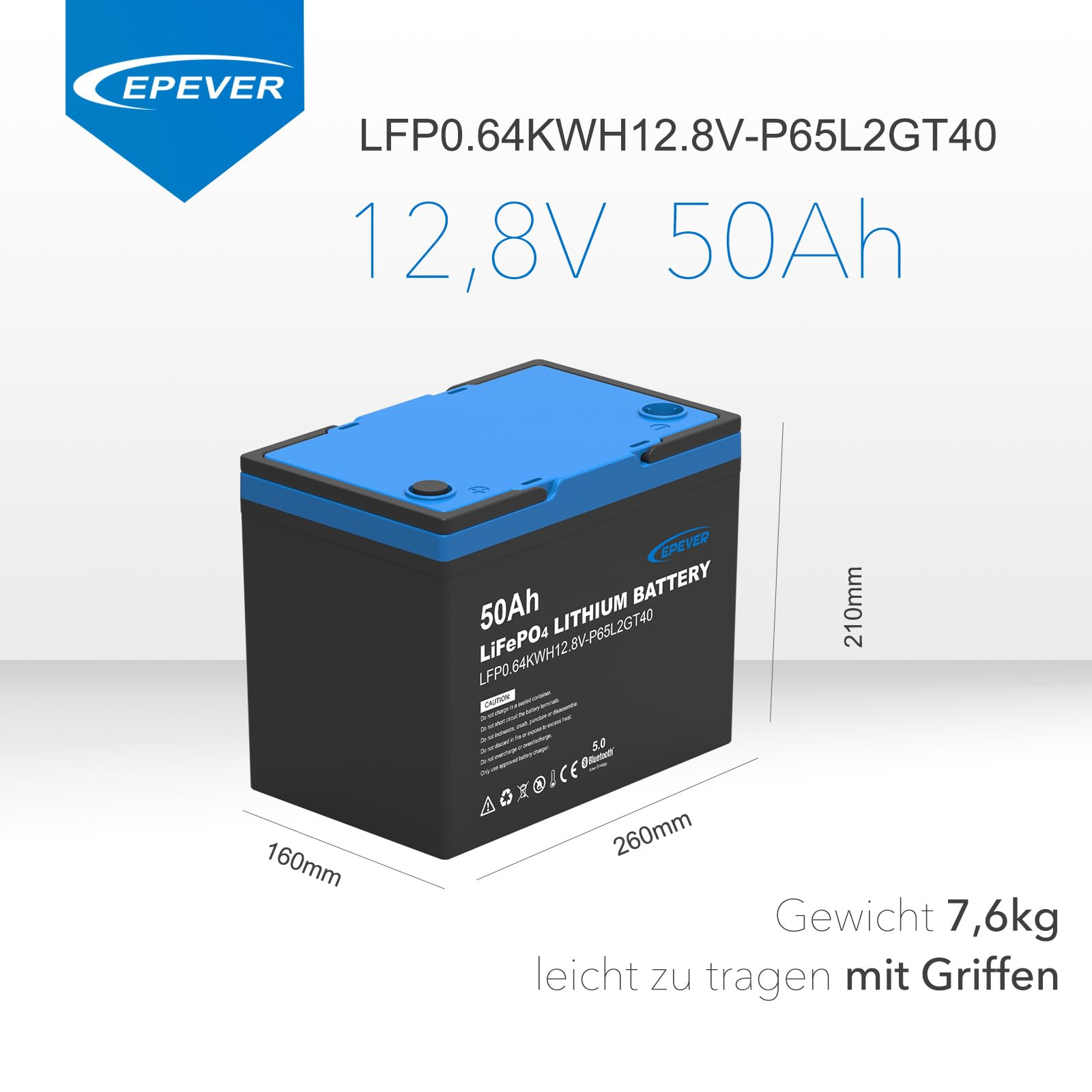 EPEVER Akumulator litowy LiFePO4 12,8 V, 50 Ah z wbudowanym BMS i aplikacją, samoczynne ogrzewanie poniżej 0°C, ogniwa LiFePO4 klasy A, nadaje się do samochodów kempingowych, łodzi, na kemping, do