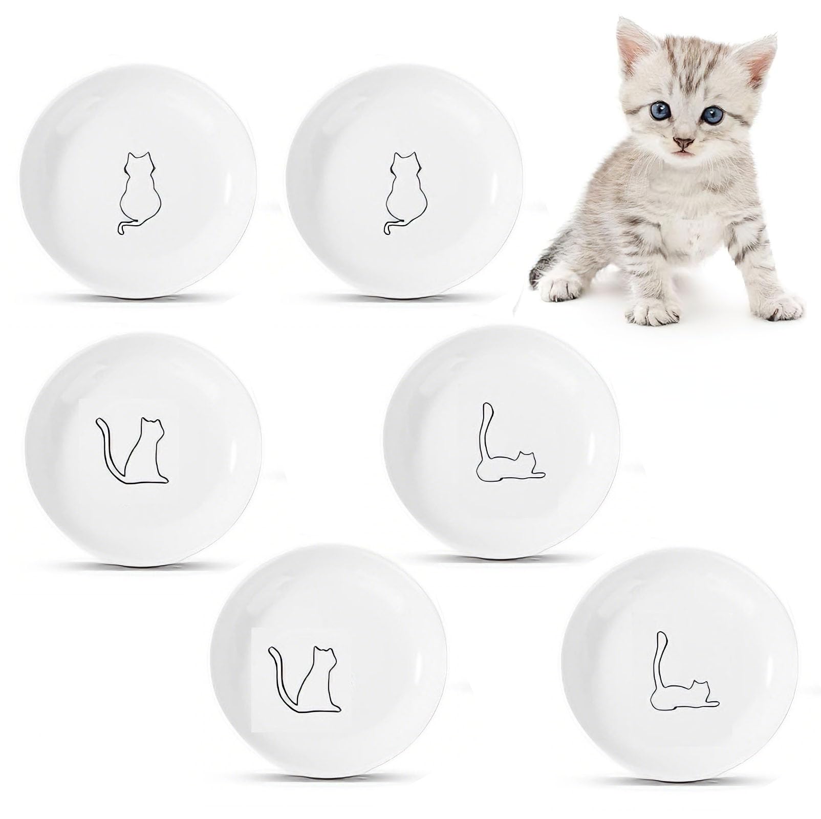 6 Pack Ceramic Cat Bowls with Non-Slip Silicone Base, 15cm Wide Whisker Friendly Dwarf Cats Kittens Food Bowl, Flat Design Fatigue Pet Dog Feeding Plates Shallow Kitten Water Dishes for Wet Dry Food
