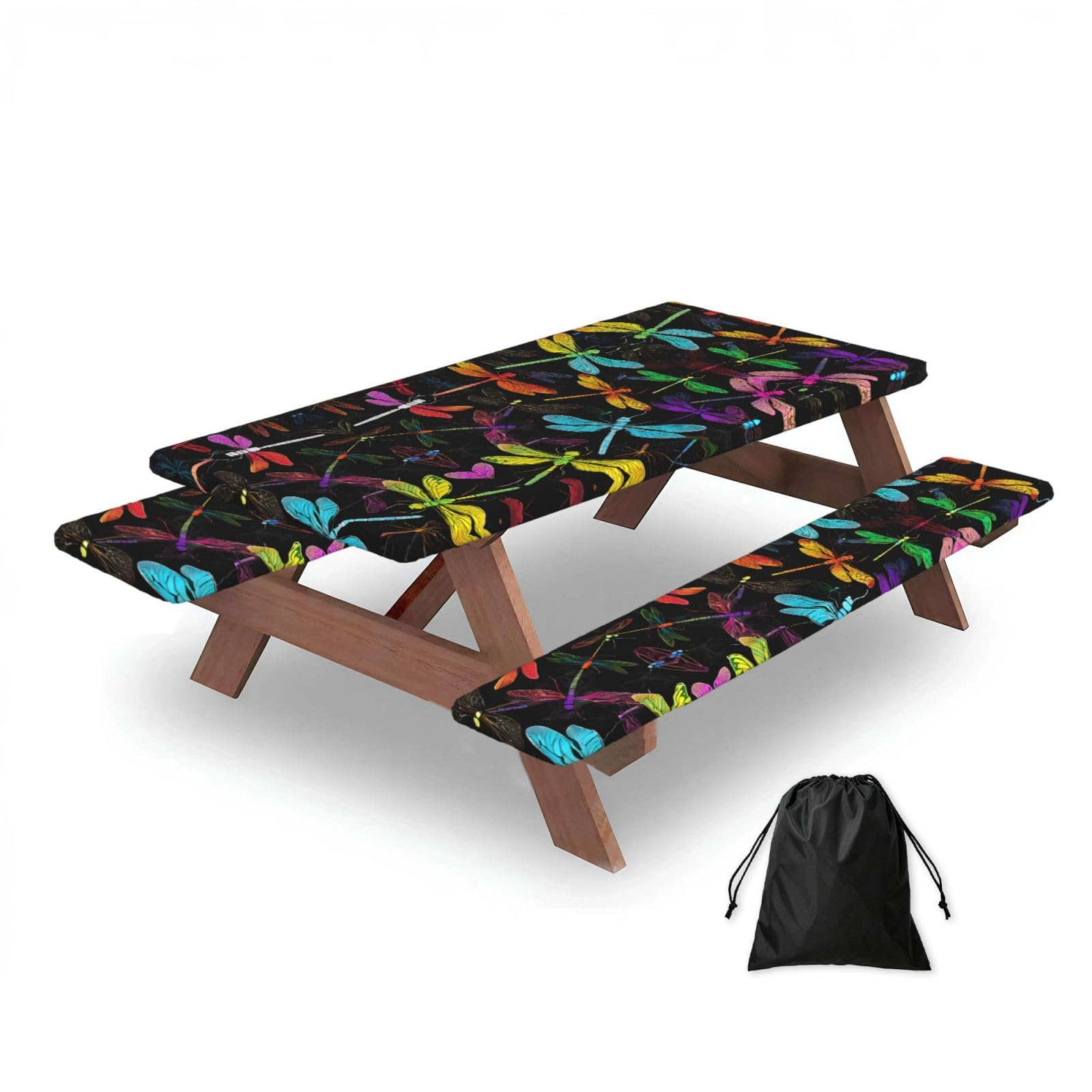 ESNAIUVCD Cute Dragonfly Print Picnic Table Cover With Bench Covers,Camping Essentials,Fitted Tablecloth Cover With Elastic Edge, For Indoor & Outdoor 3 Pcs