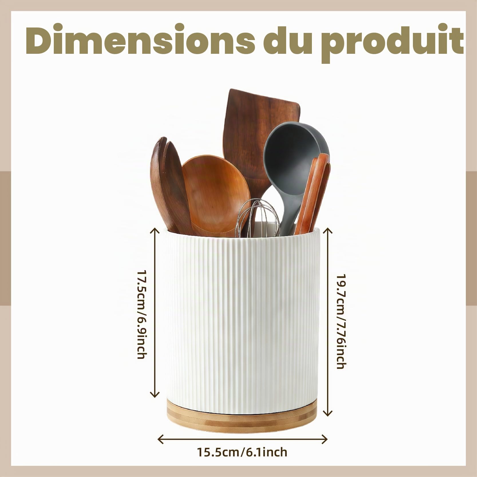 360 Rotating Utensil Holder, Extra Large 17.5 cm, Stable Ceramic Utensil Organizer, Kitchen Utensil Organizer for Kitchen Utensils Kitchen Decoration