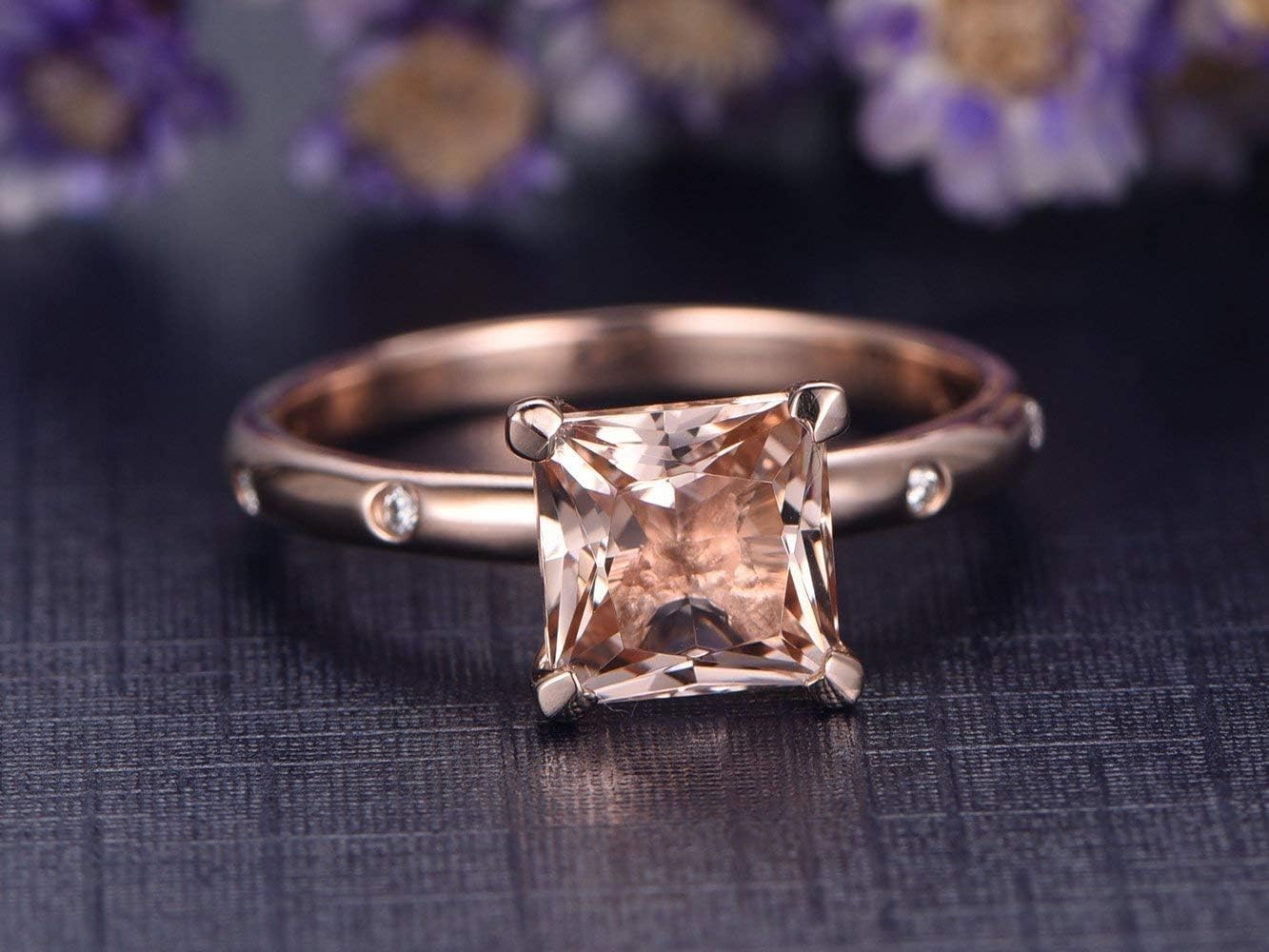 7mm Natural Princess Cut Pink Morganite Engagement Ring Solitaire Solid 14k Rose Gold Diamond Wedding Rings Antique Anniversary Gift Bridal Ring Set Unique Style Birthstone