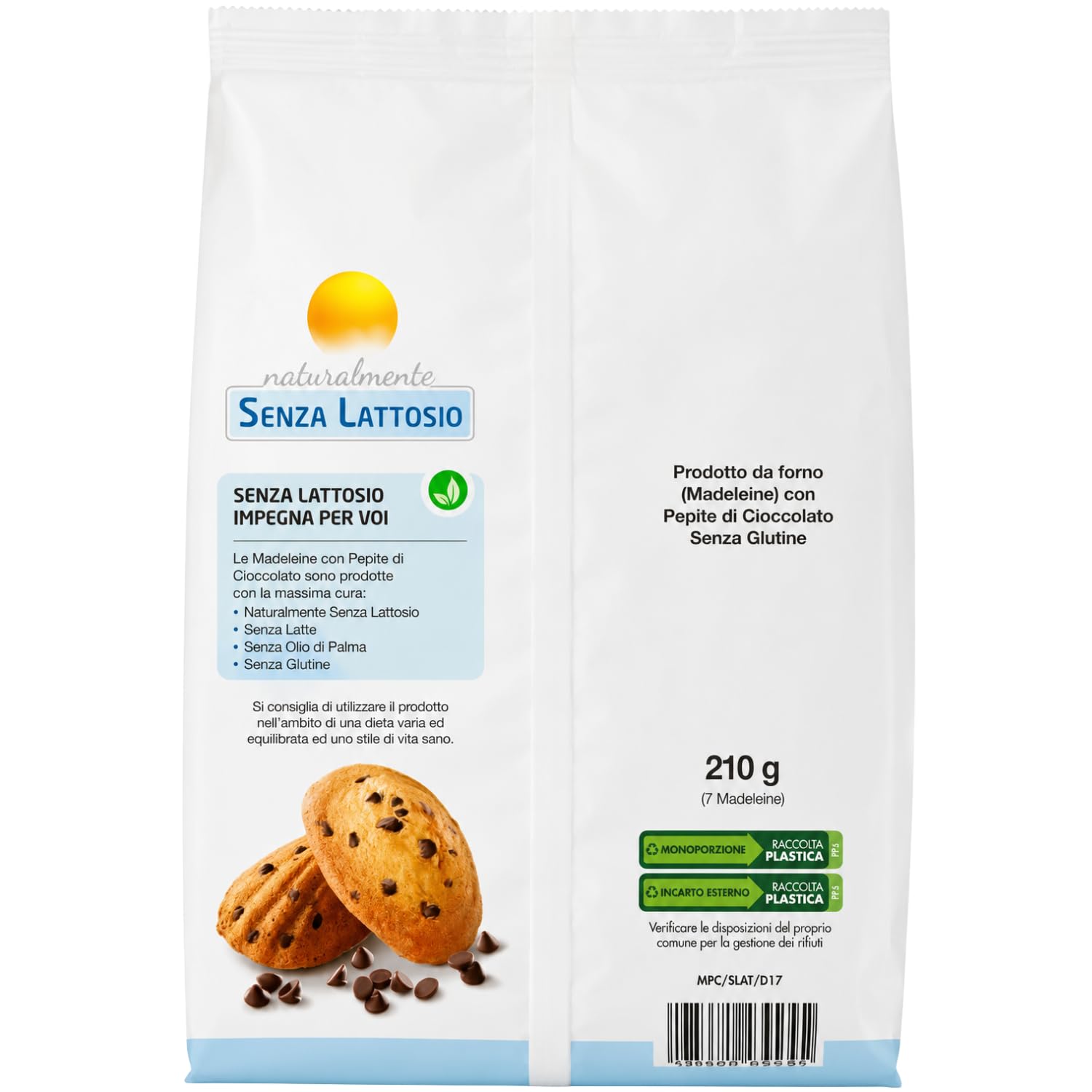 Merendine Senza Lattosio Madeleine con Gocce di Cioccolato 210g Snack Dolci Soffici Senza Olio di Palma Ideali per Colazione e Merenda Confezione Multipla 4/8/12 Pezzi (12 PEZZI)