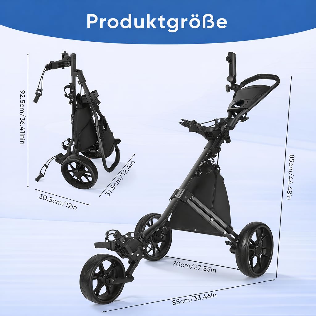 Klappbarer Golf Trolley 3-Rad, Aluminium Golfwagen mit Schirmhalter, T-Stückhalterung und Aufbewahrungstasche – Leichter Golfcaddy als Push Cart