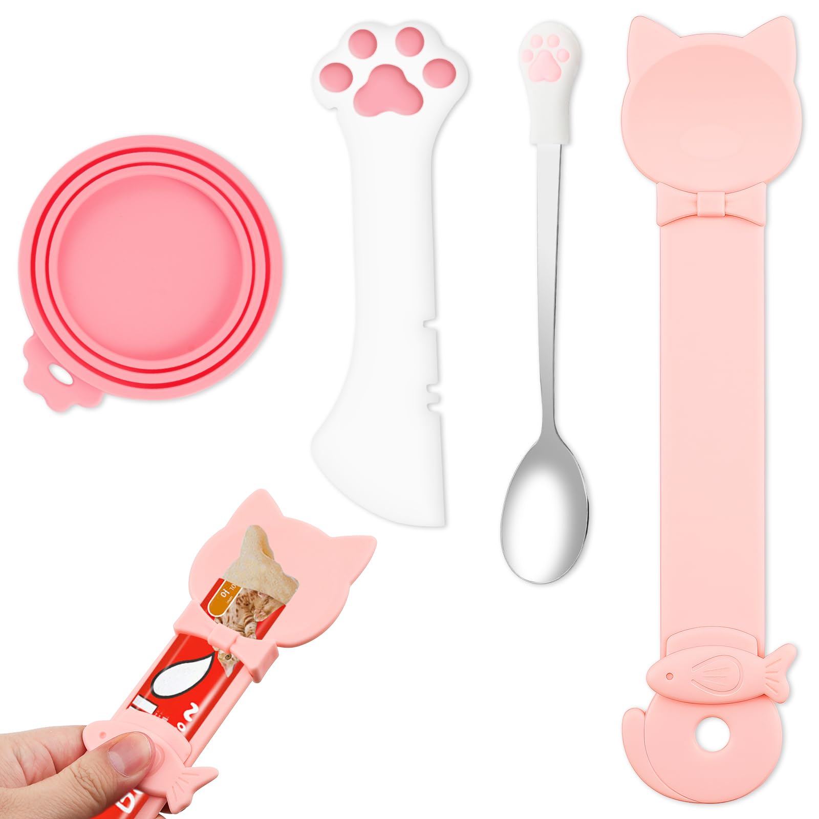 4 Pcs Cat Food Lid and Spoon Set, Silicone Pet Food Can Covers with Multi-Function Spoon Opener, Stainless Steel Wet Food Spoon & Cat Bar Squeezer for Pet Cat Dog Feeding Wet Foods Storage Organizer