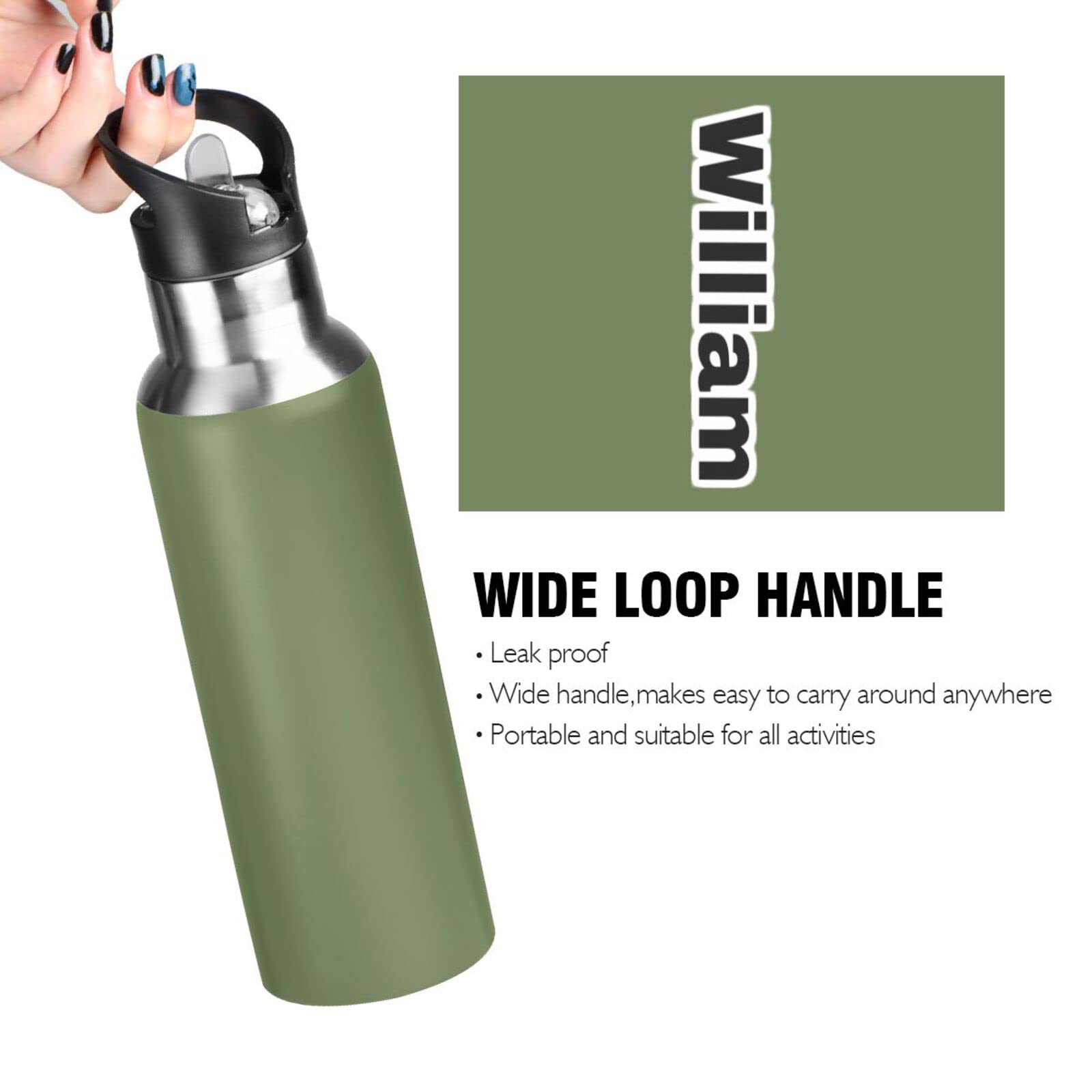 Isolierflaschen mit Griff, 900 ml, Olivgrün, auslaufsicher, mit Strohhalm-Deckel, Trinkflasche Thermoflasche für Wandern, Radfahren, BAP-frei