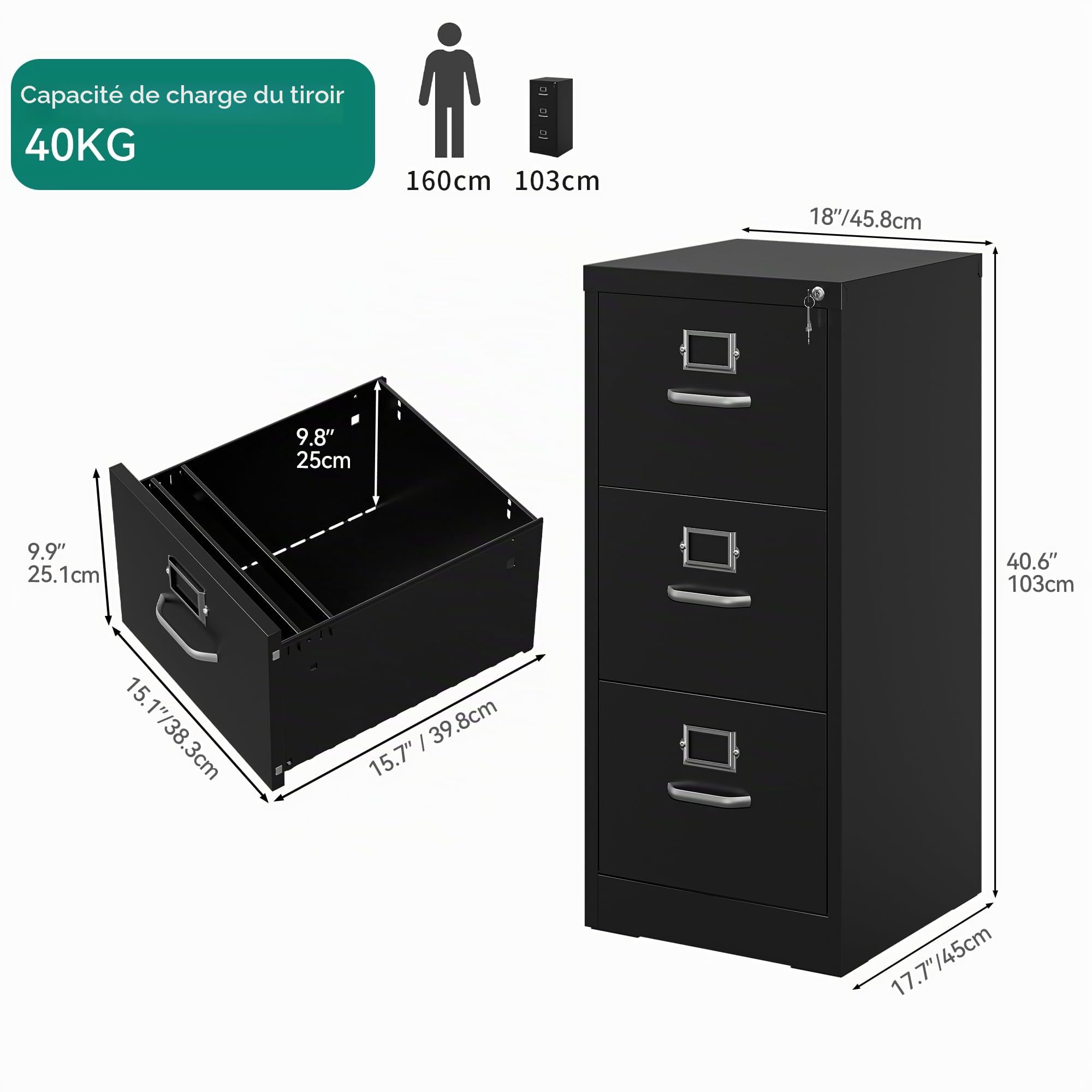 YITAHOME Armoire de classement verrouillable, armoires métalliques à classement avec 3 tiroirs pour A4, Legal, Letter, armoire de bureau anti-inclinaison avec fente pour cartes mémos, bureau à domicil