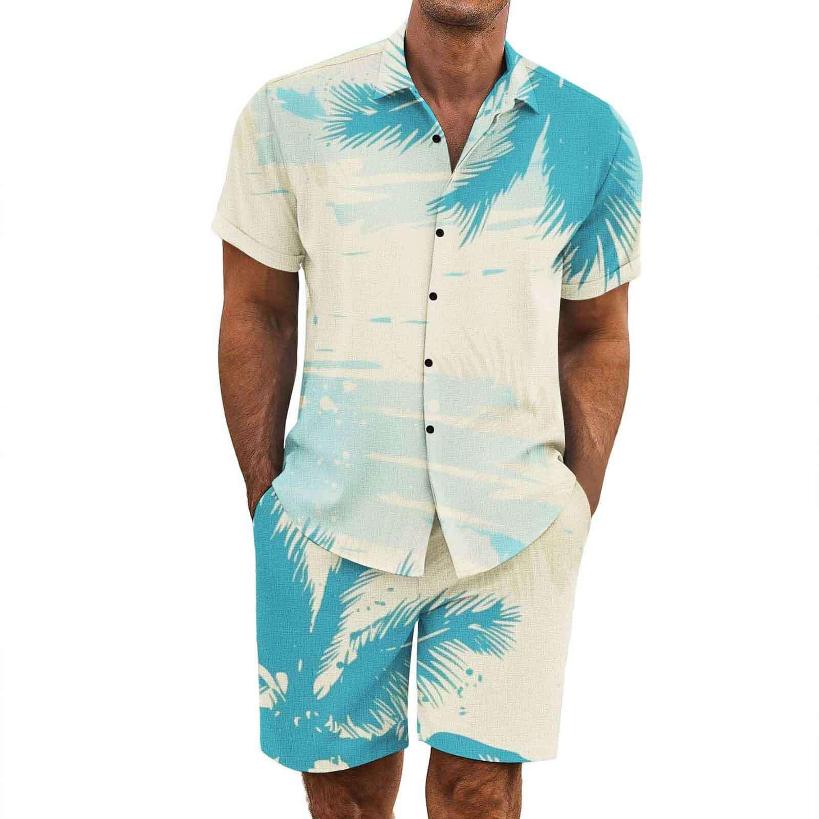 Tuta Completo Uomo da Viaggio Estivo 2 Pezzi - Set Camicia e Short Hawaiano Stampa Abbigliamento Leggero Tuta Sportivo Estiva Elegante Traspirante per Vacanze e Tempo
