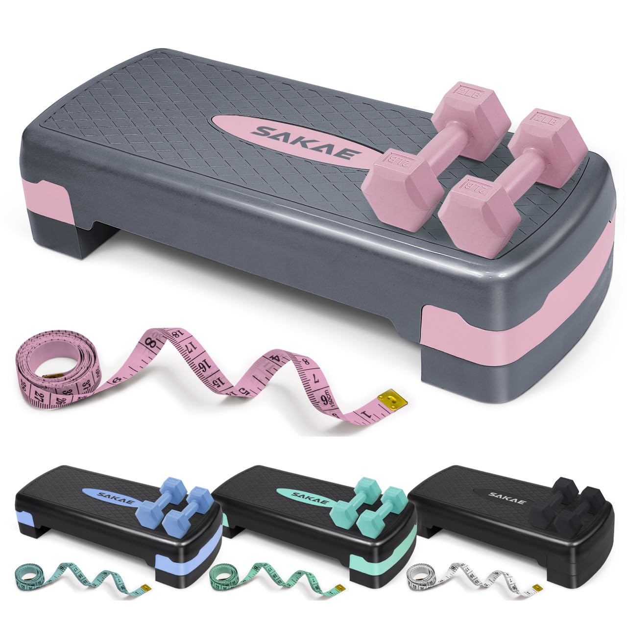 Aerobic Stepper Set with Dumbbells & Measuring Tape, Adjustable Height 2 Level Risers Workout Exercise Step Platform, 4 Colors, the Ultimate Gift for a Joyful Holiday and Merry Christmas