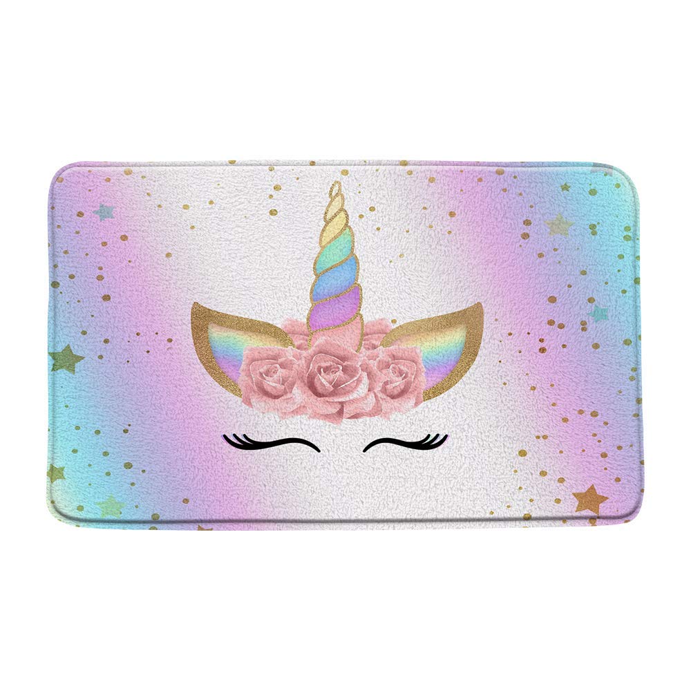 AMHNF Unicorn Bath Mat Rainbow Star Magic Head Pink Flower Girl Baby Kids Bathroom Microfiber Memory Foam Bathroom Decor Rug Non Slip Absorbent Doormat Kitchen Toilet Floor Rug,19.7" x 31.5"