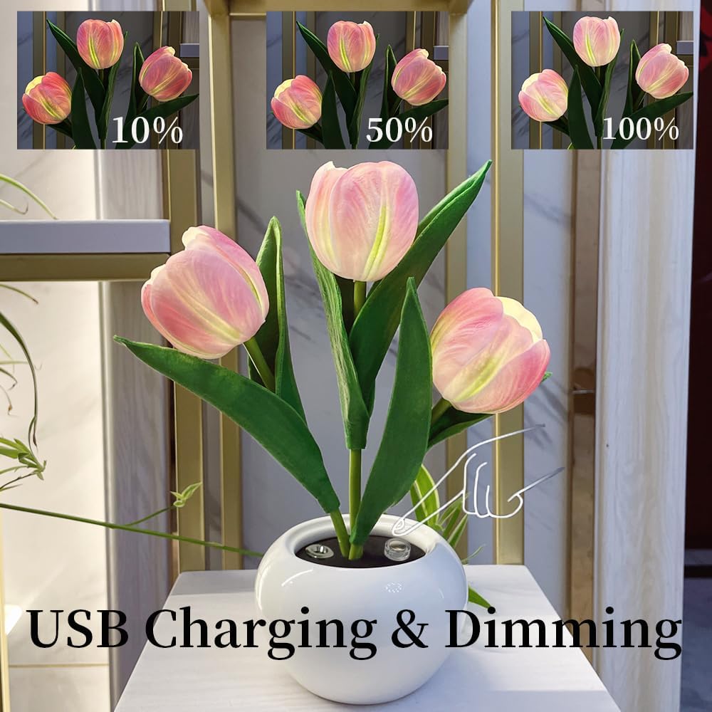 YUNBIAOSEN Lámpara de tulipán LED con flores artificiales, lámpara de mesa, luz nocturna, carga USB y atenuación para el hogar, sala de estar,