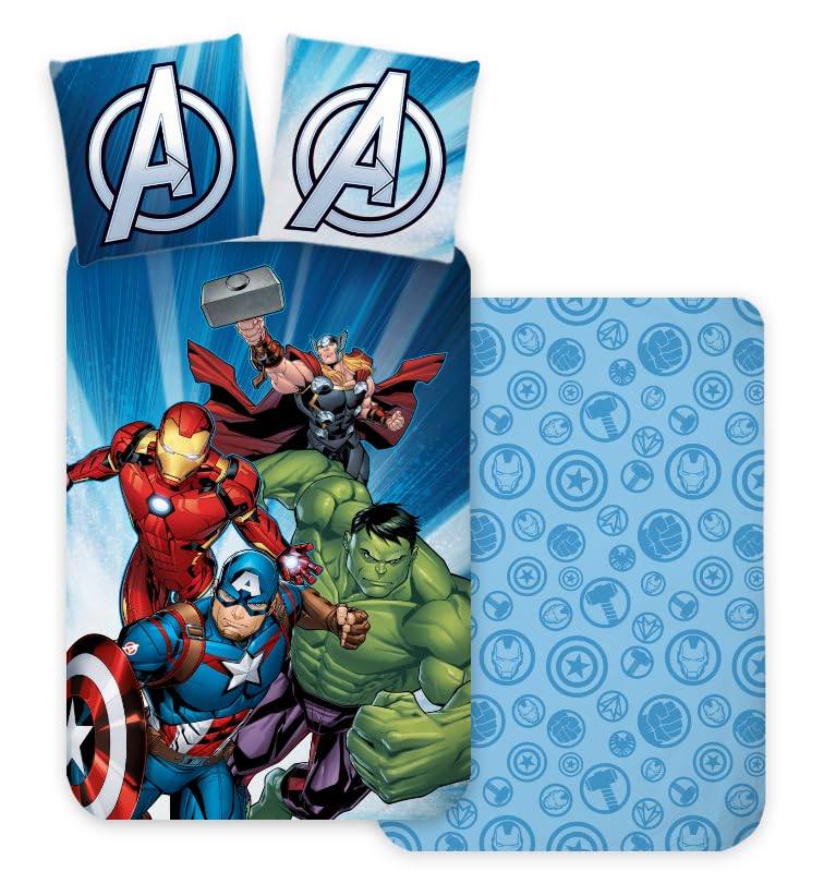 BrandMac Parure de Lit 3 Pièces Avengers avec Drap-Housse, 100% Coton, Housse de Couette 140x200 cm + Taie d'oreiller 65x65 cm + Drap-Housse 90x190 cm