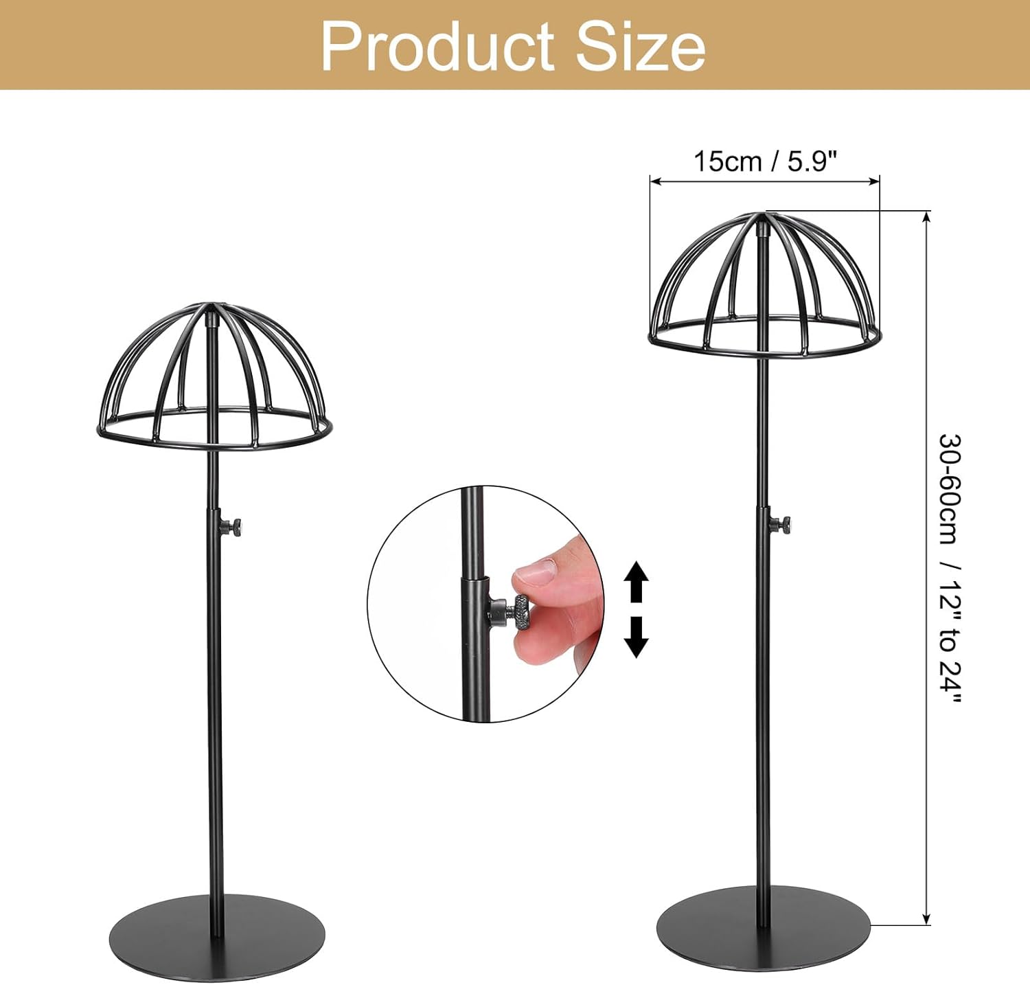 uxcell 2Pcs Stainless Steel Hat Display Stand 12" to 24" Adjustable Height Hat Stand Holder Wigs Display Rack, Anti-Rust Non-Slip Showcase for Baseball Caps Fedora Wig (Black)
