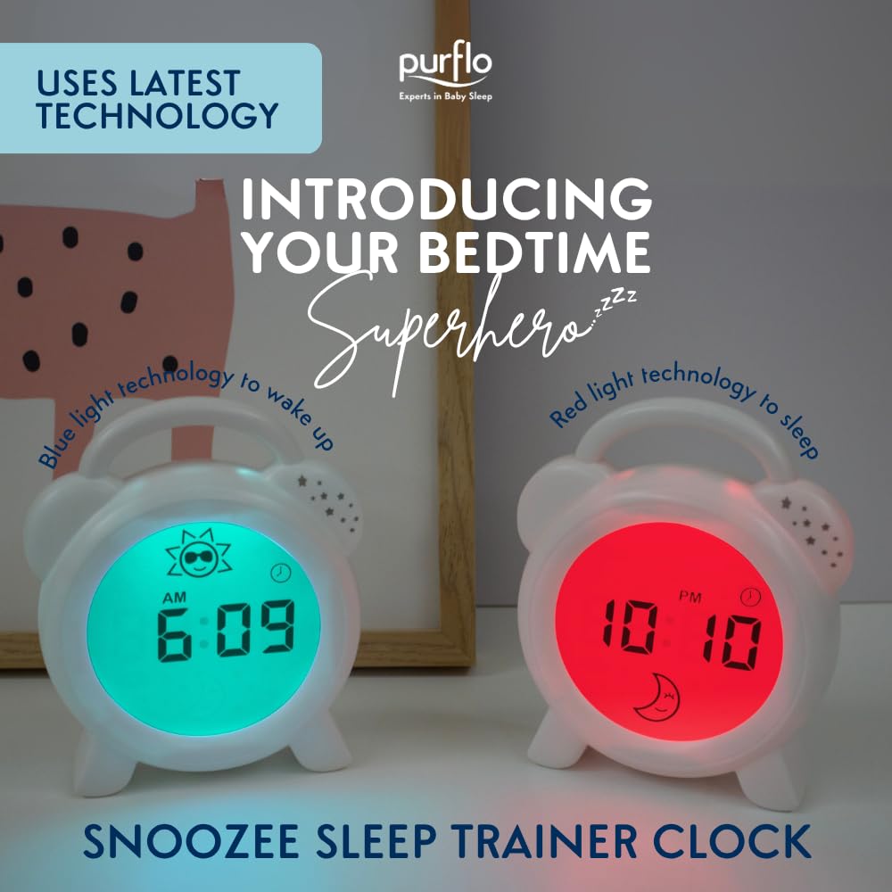 PurFlo NEW Snoozee Sleep Trainer Clock, Red and Blue Light Sleep Aid for Toddlers, Rechargeable Night Light with Alarm - Image 2