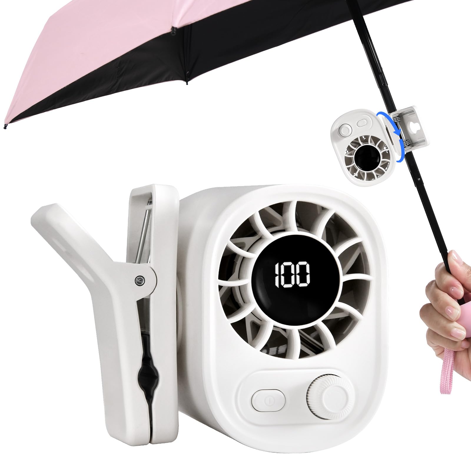 WISFISSH Portable Clip On Fan for Umbrella,Ultra Light 0.28 Lb,100 Wind Speed Stepless Adjustment,Personal Rechargeable Clip On Fan for Umbrella Beach Outdoor Travel Essential(White)