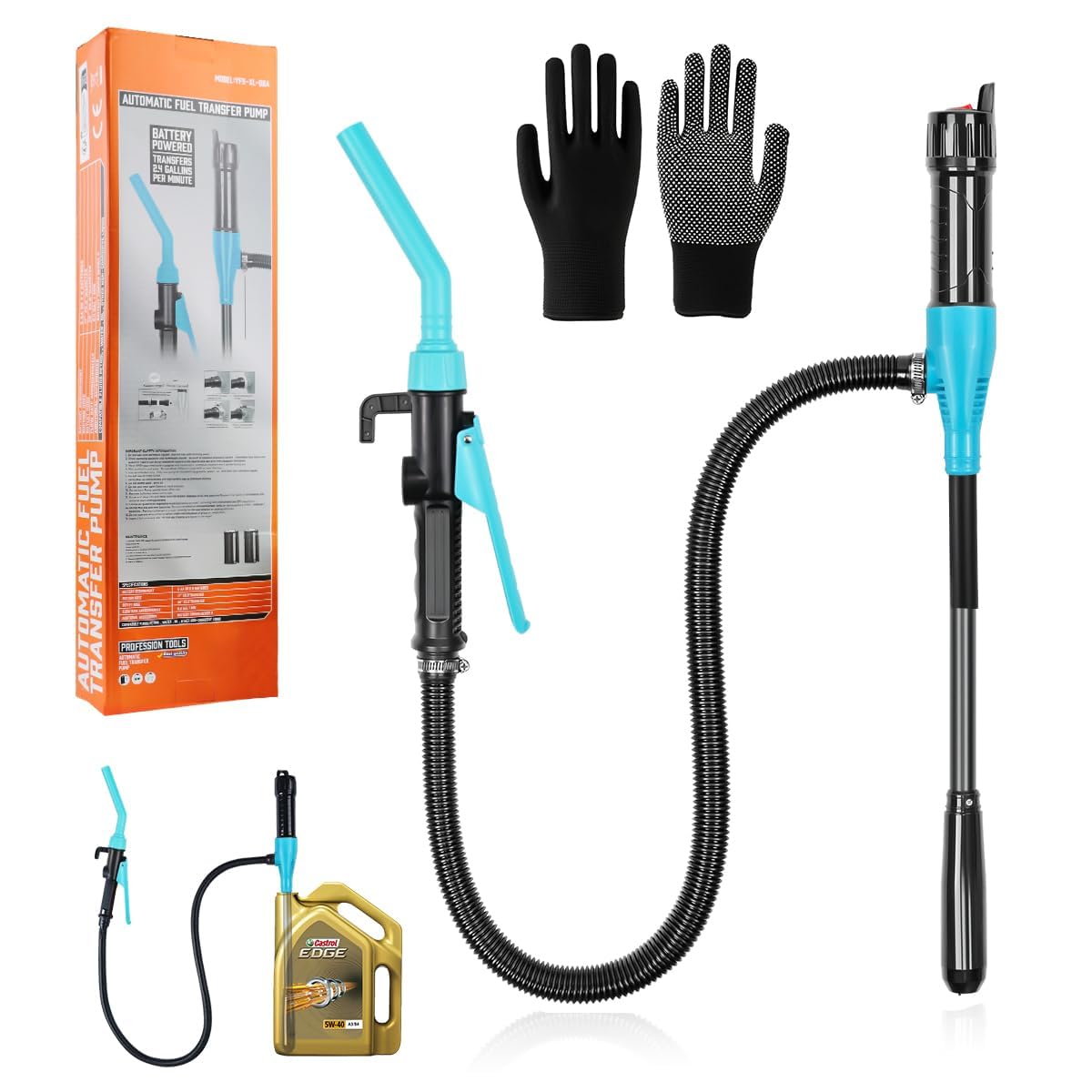 Pompe à Essence électrique à Piles, siphon, transfert de liquide, aspiration automatique, buse de régulation du débit 2,4 gallons/min, pour Essence, Diesel (Bleu)