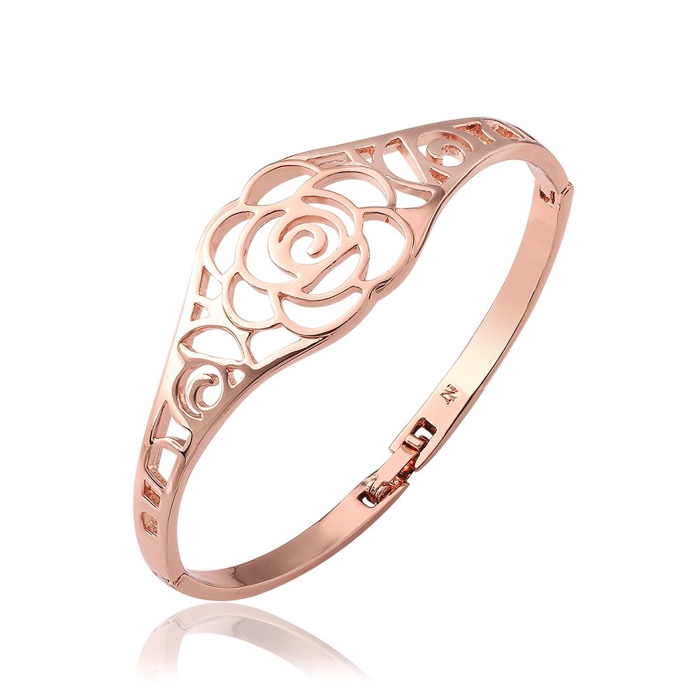 Dawanza Rose Gold-Plated Bangle in Rose Flower Design, Perfect Valentines Day Gift