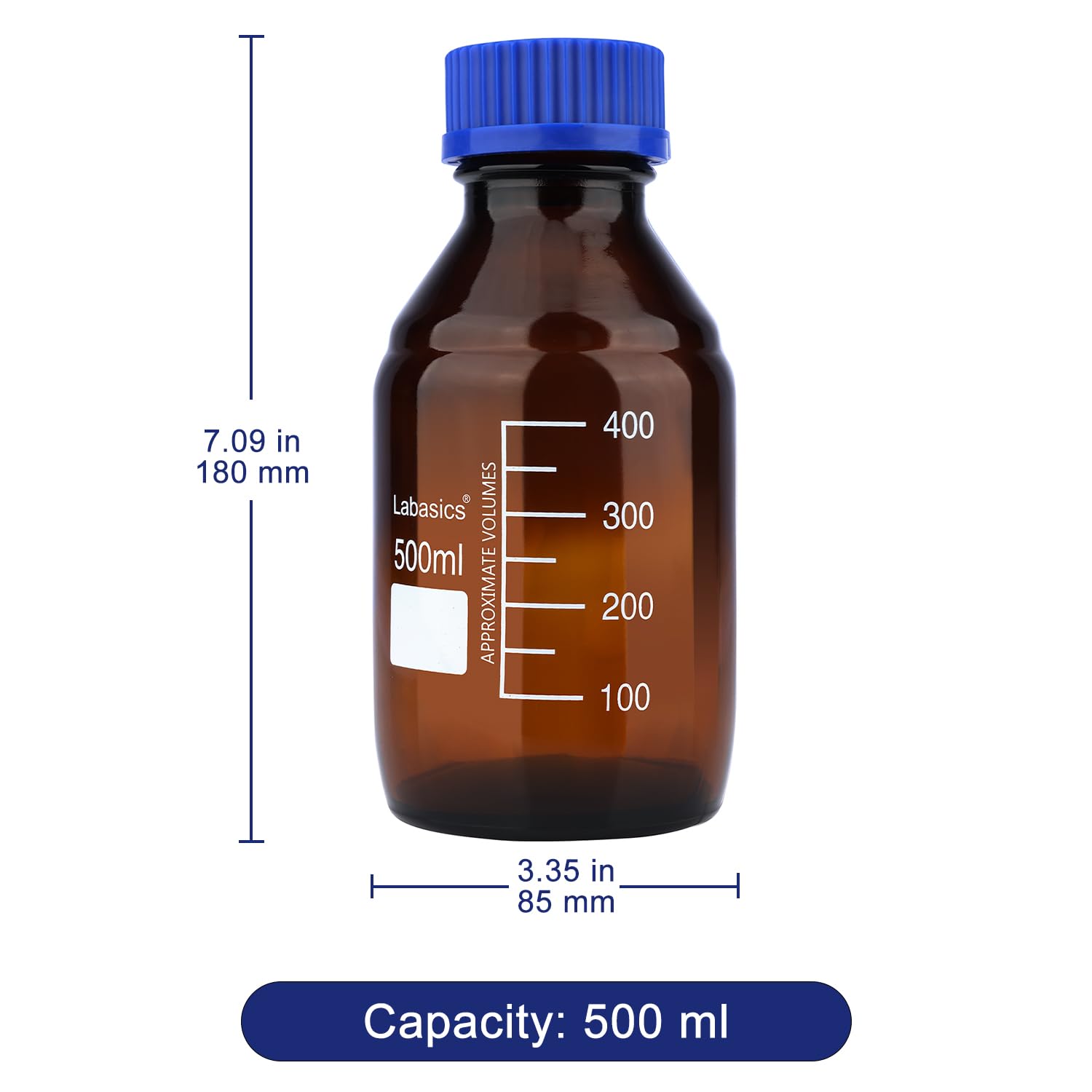 Labasics Reagenz Medien Vorratsflaschen, 1 Pack Bernsteinfarbene Glas Graduierte Runde Flaschen für Labor Reagenz Medienlagerung mit Blauer Schraubkappe, 500 ml