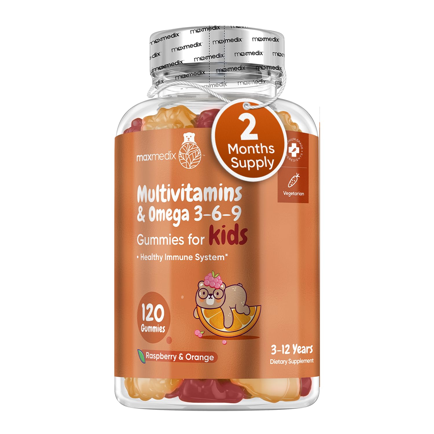 Kids Multivitamin Gummies with Omega 3 6 9 - 120 Gummies (60 Servings) - Essential Kids Vitamin A, C, D & B12, Minerals & Nutrients - Natural Raspberry & Orange Flavor - Third-Party Tested