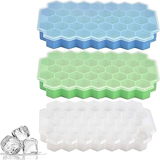 BUYGOO 3 Pack Ice Cube Trays with Lids, 111 Flexible Silicone Ice Cube Molds with Removable Lid Stackable Lattice Honeycomb Silica Gel Ice Lattice for Chilled Drinks, Whiskey & Cocktails (Green+Blue+Transparent)