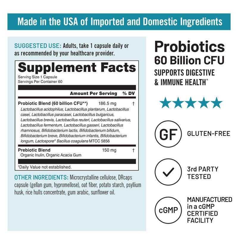 Image of NatureWise Probiotics 60 Billion CFU - 17 Strains + Organic Prebiotics - Immune, Digestive & Gut Health Support for Women & Men - Vegetarian, Gluten-Free, Non-GMO - 60 Capsules[2-Month Supply]