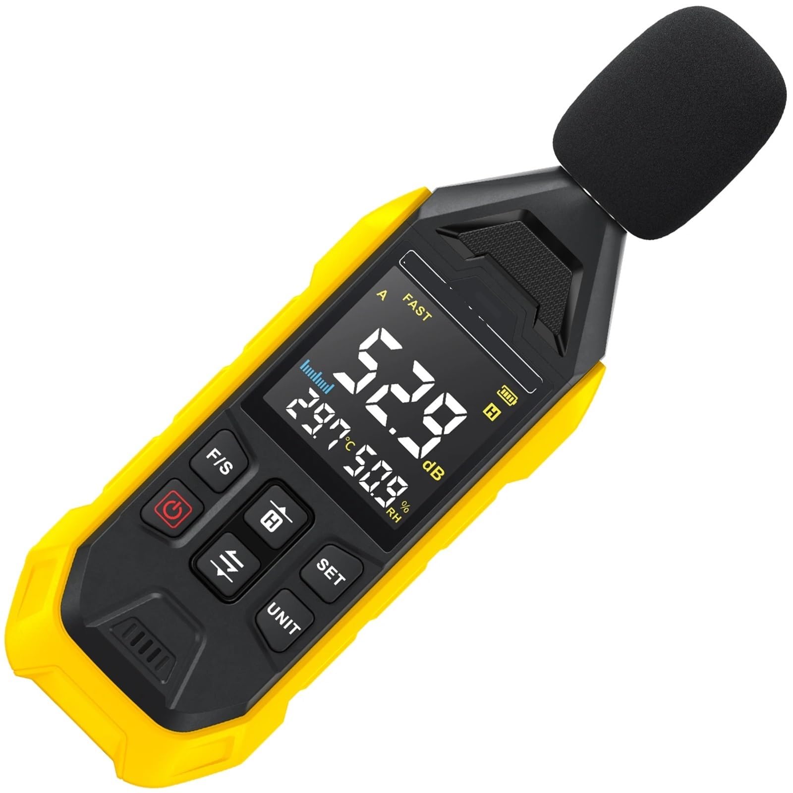 Medidor de decibelios digital, probador de nivel de sonido de peso de 30~130 dB A con termómetro e higrómetro