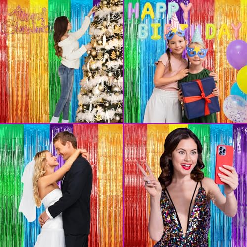 4 Stück Lametta Vorhang Regenbogen, PET Glitzervorhang Party Deko, 1m×2m Glitzer Vorhang Geburtstagsdeko, Bunt Fransenvorhang, für Hochzeit Verlobung Bühnendekor Dekoration Hintergrund