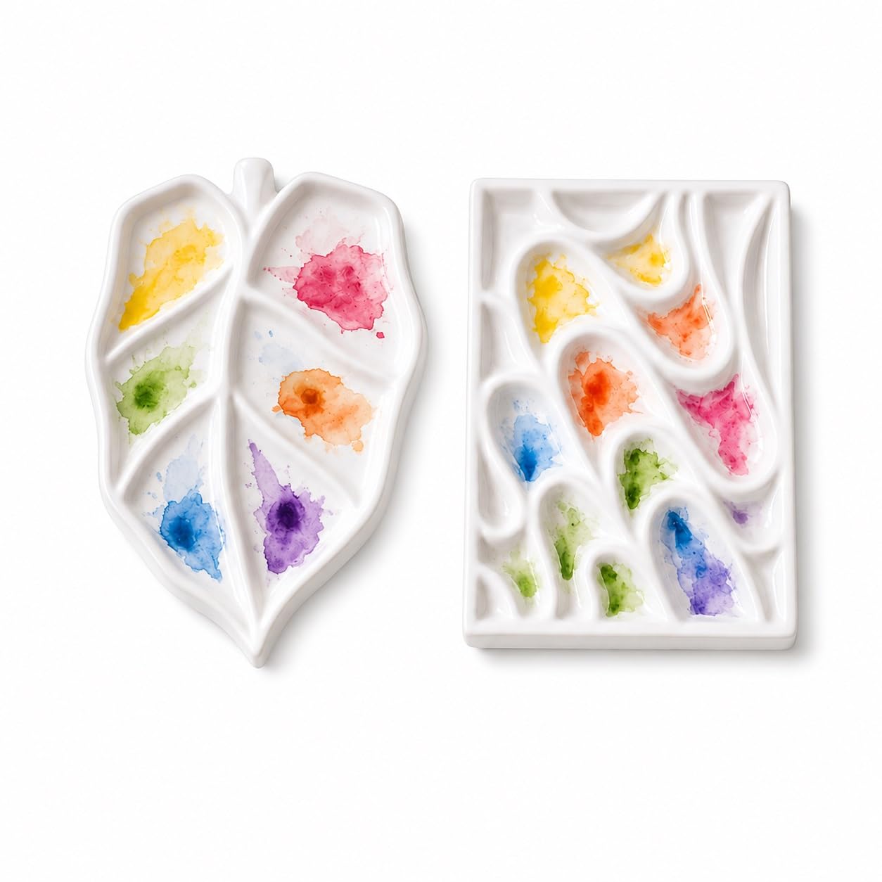 Bower Bird White Porcelain Watercolor Palette 5.5In Leaf+ Wave Artist Professional Ceramic Palette Set