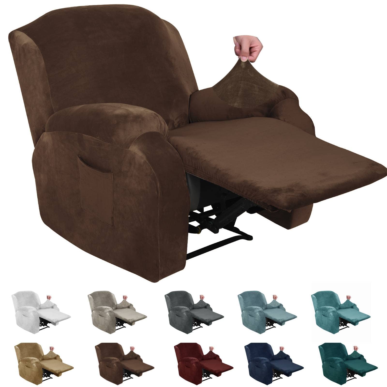 MAXIJIN Velvet 4 Piece Recliner Cover Stretch Plush Soft Recliner Chair Covers Thick Soft Reclining Chair Slipcovers Furniture Protector with Side Pocket for Kids, Pets (Recliner,Dark Coffee)