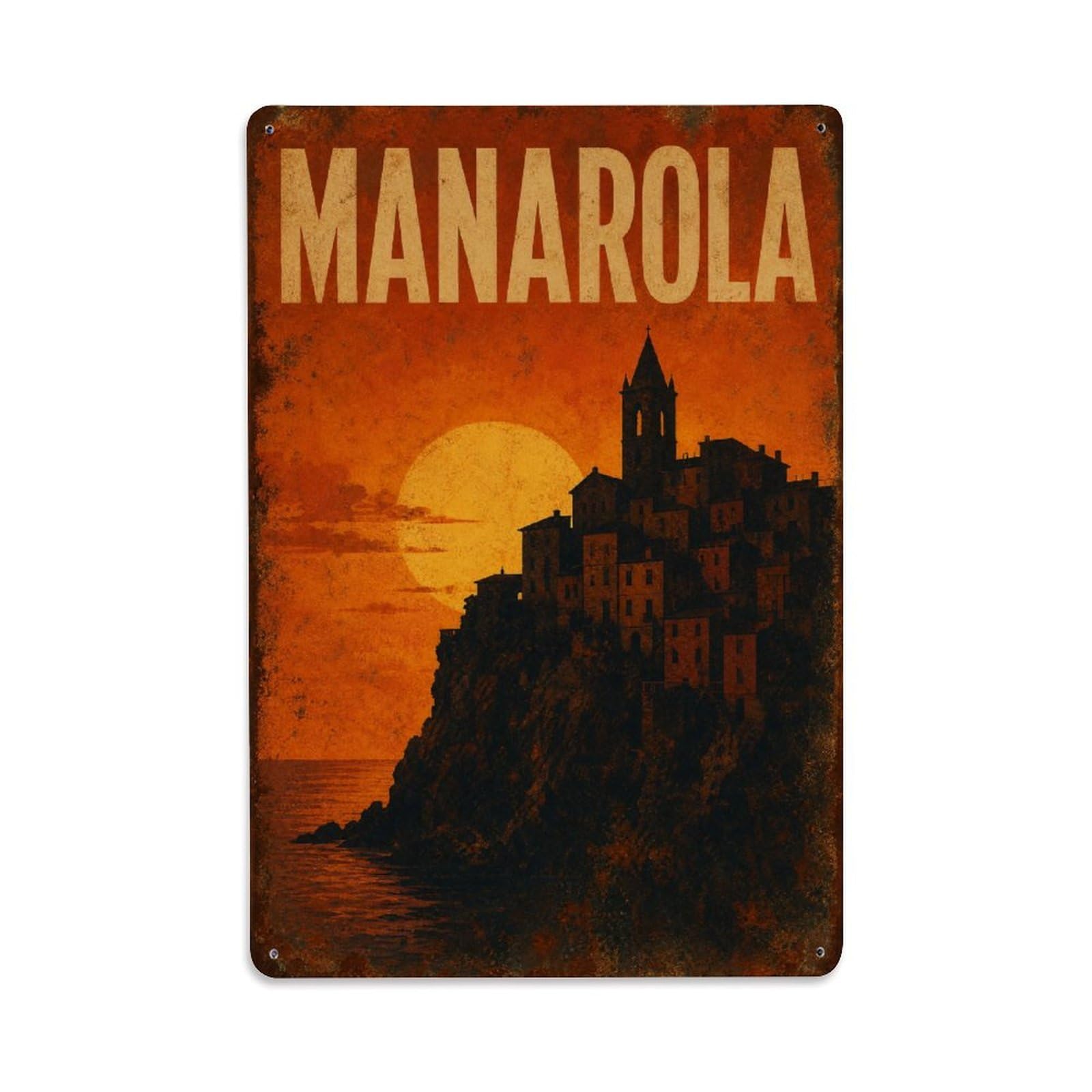 Huiyhb 8X12inch(20X30cm) Vintage Travel Manarola Sunset Village Silhouette Dramatic Italy Metal Tin Sign