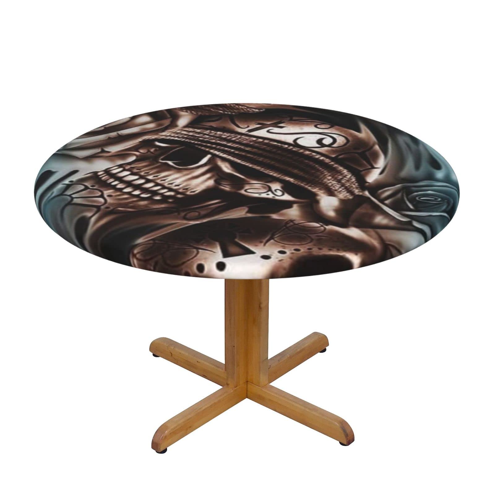 Lsjuee Round Fitted Tablecloth 40-44in Elastic Edged Table Cloth for Kitchen Dining Party Home Decor - Skull Rose Death Abstract