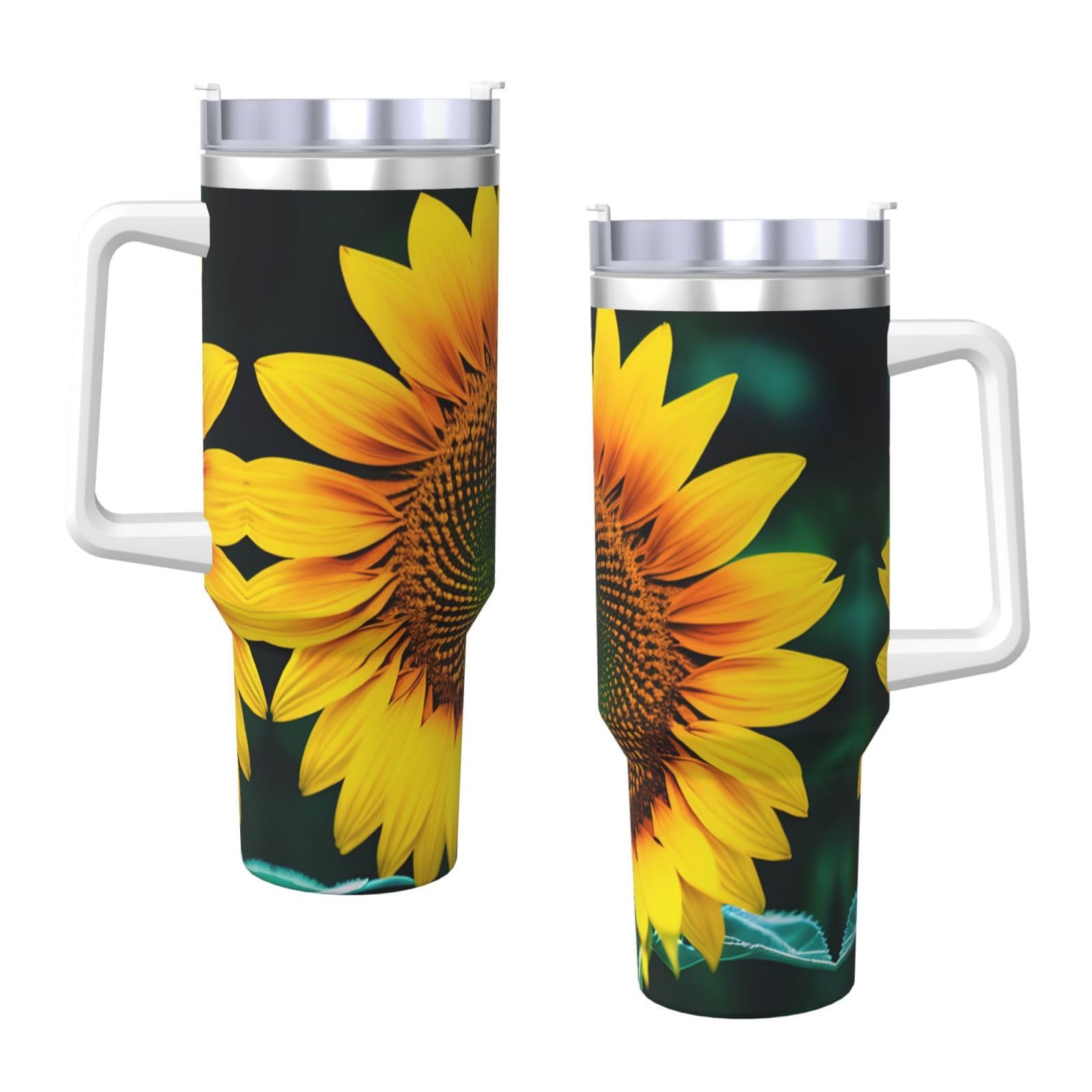 Wasserflasche mit Sonnenblumenmuster, Edelstahl, doppelwandig, isoliert, mit Griff und Strohhalm-Deckel, 1,2 l