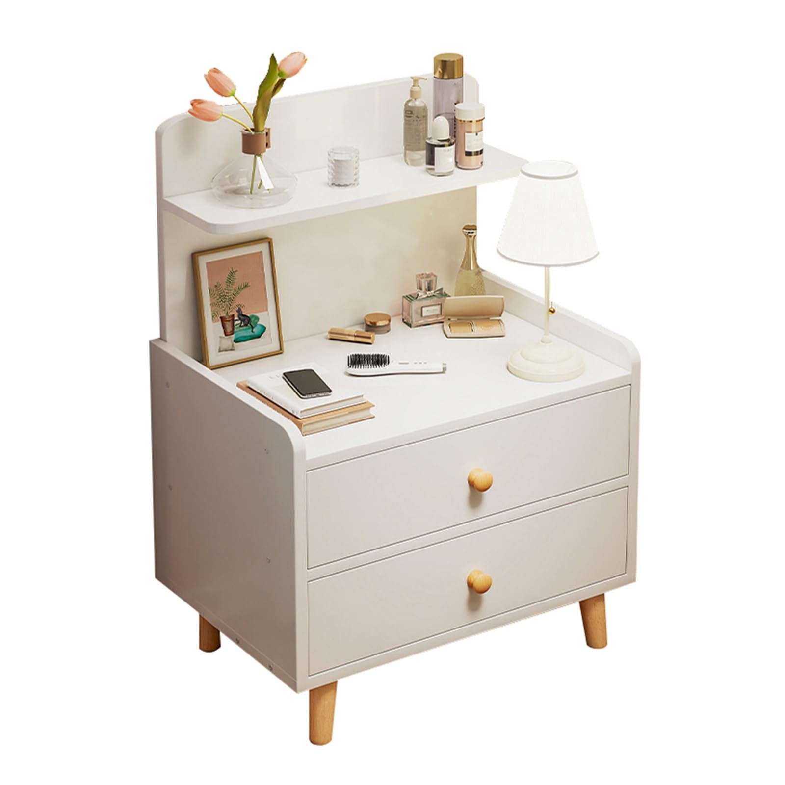 Table de chevet en bois blanc avec 2 grands tiroirs pour rangement de chambre