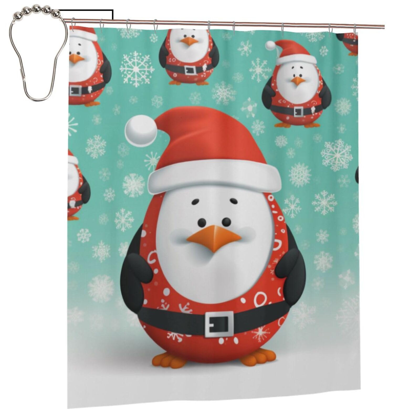 BWWHCCTI Christmas Santa Penguin Printed Shower Curtain With 12 Iron Hooks Opaque Quick Drying Waterproof Shower Curtains Sets For Bathroom 152x183 Cm
