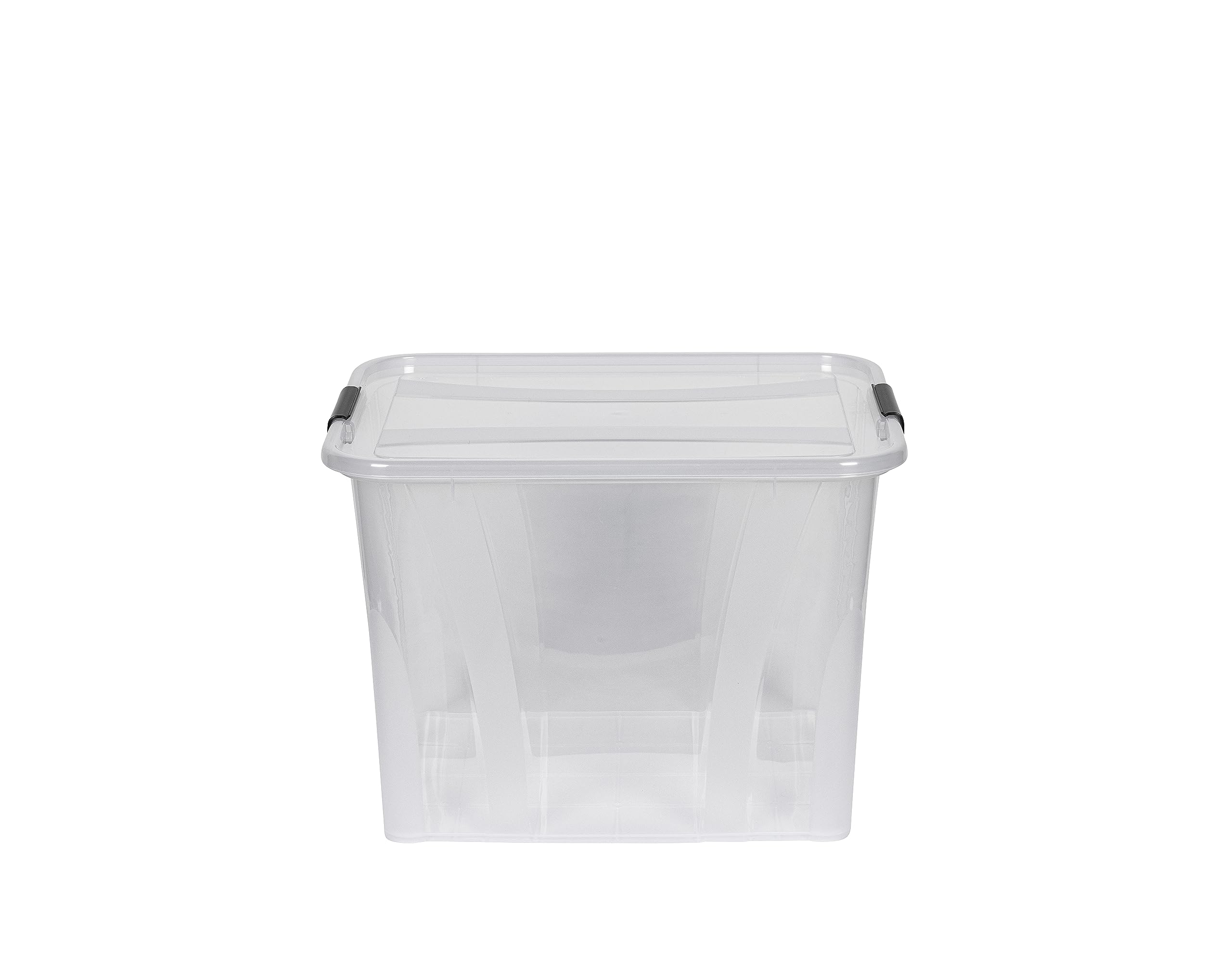 Kreher® XL Aufbewahrungsboxen mit Deckel aus Lebensmittel-geeignetem Kunststoff in Transparent. Stapelbare Lagerboxen für Haushalt, Garage, Industrie (55 Liter, 4er Set)