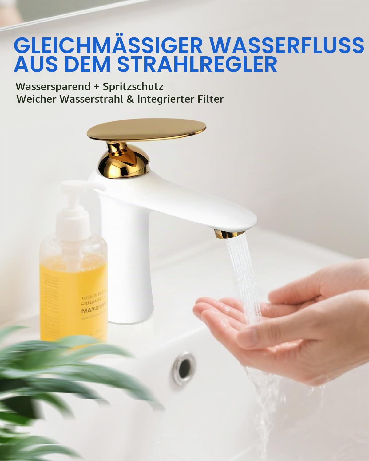 Waschtischarmatur Weiß Gold Messing Einhandmischer Hochdruck | Massives korrosionsfestes Messing mit kratzfester,Oberfläche Keramikkartusche für tropffreie Einhand-Wassersteuerung